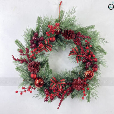 Vòng nguyệt quế 4 loại lá nơ caro đỏ ĐK 55 - 60cm VNGQ-X-42