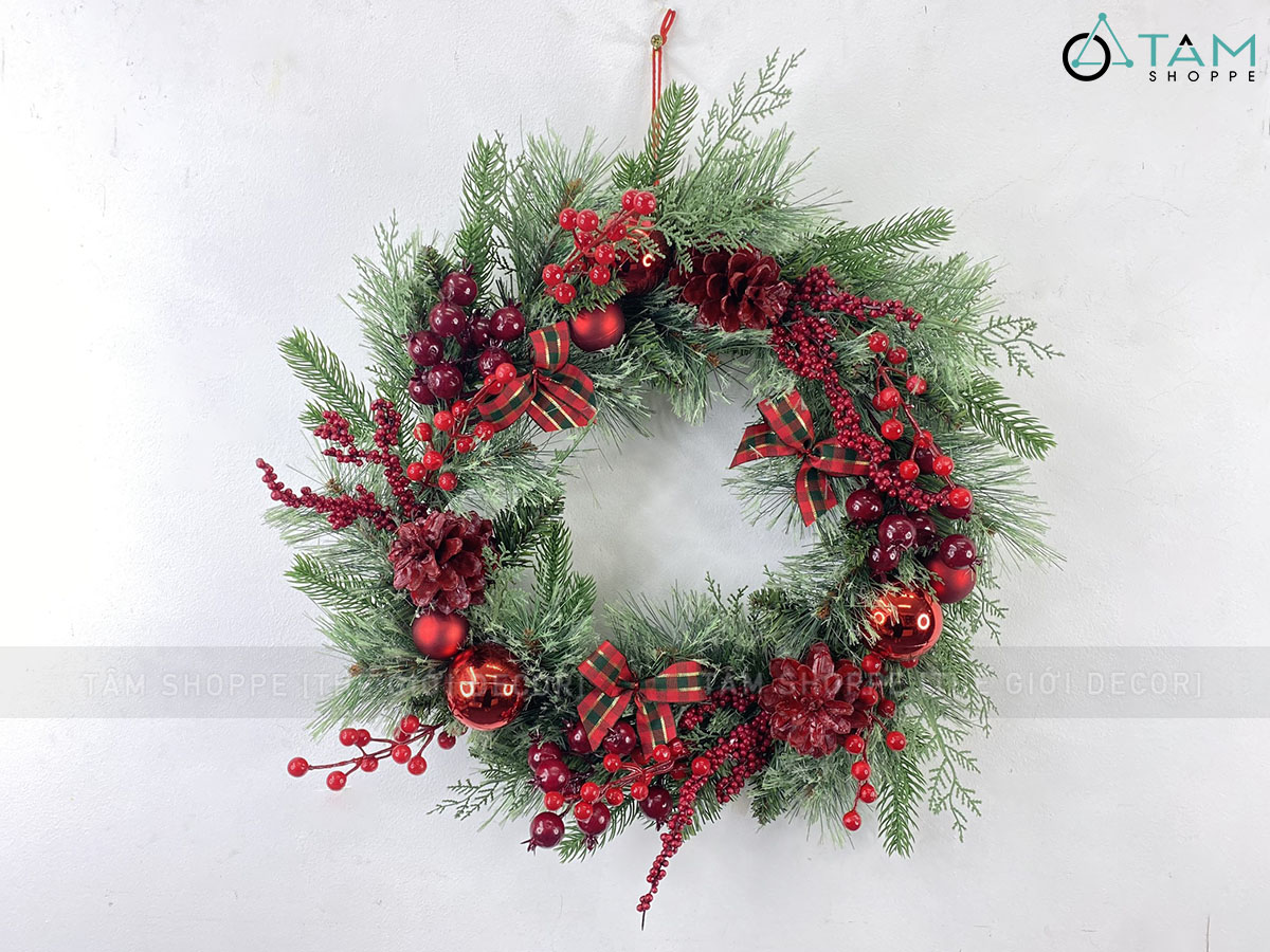 Vòng nguyệt quế 4 loại lá nơ caro đỏ ĐK 55 - 60cm VNGQ-X-42